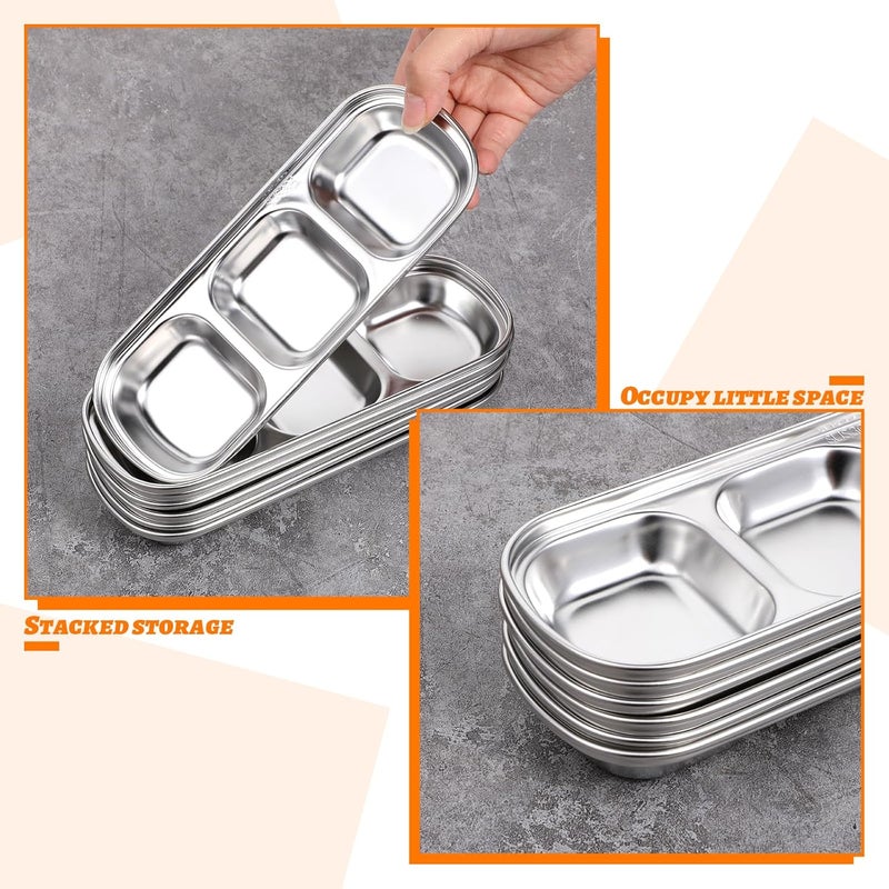 Zelphvt 12 Packs Stainless Steel Divided Dip Bowls Soy Sauce Dishes, Divided Serving Tray Chip and Dip Serving Set, 3 Compartment Sauce Plate Seasoning Dipping Condiment Tray for BBQ Vinegar Spice Sugar - Image 4